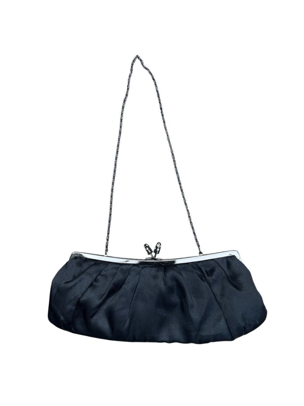 Vintage Black Satin Kiss Lock Evening Clutch Chain Strap Formal Bag